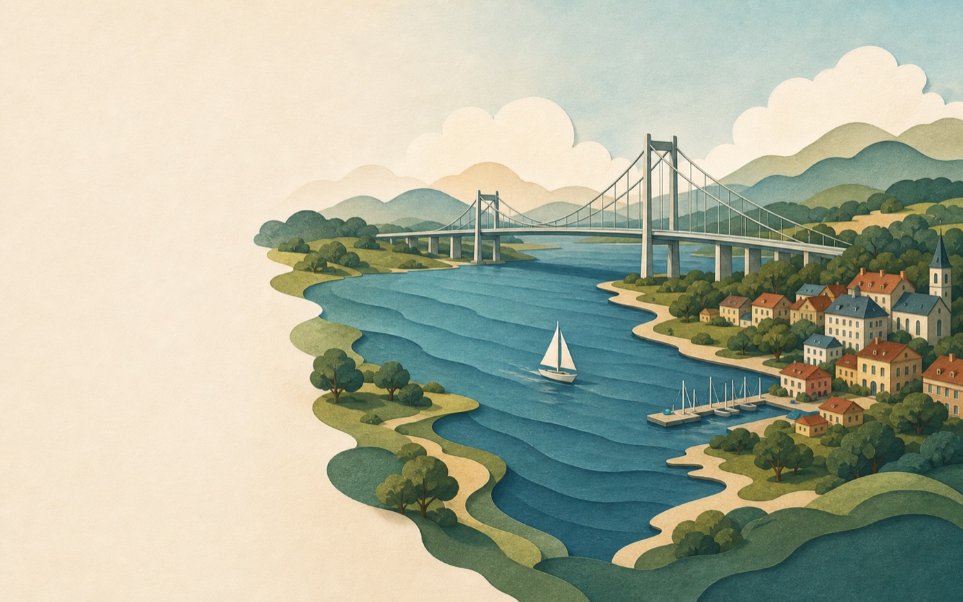 Stiliseret illustration af Lillebælt, broen, kysten og Middelfart